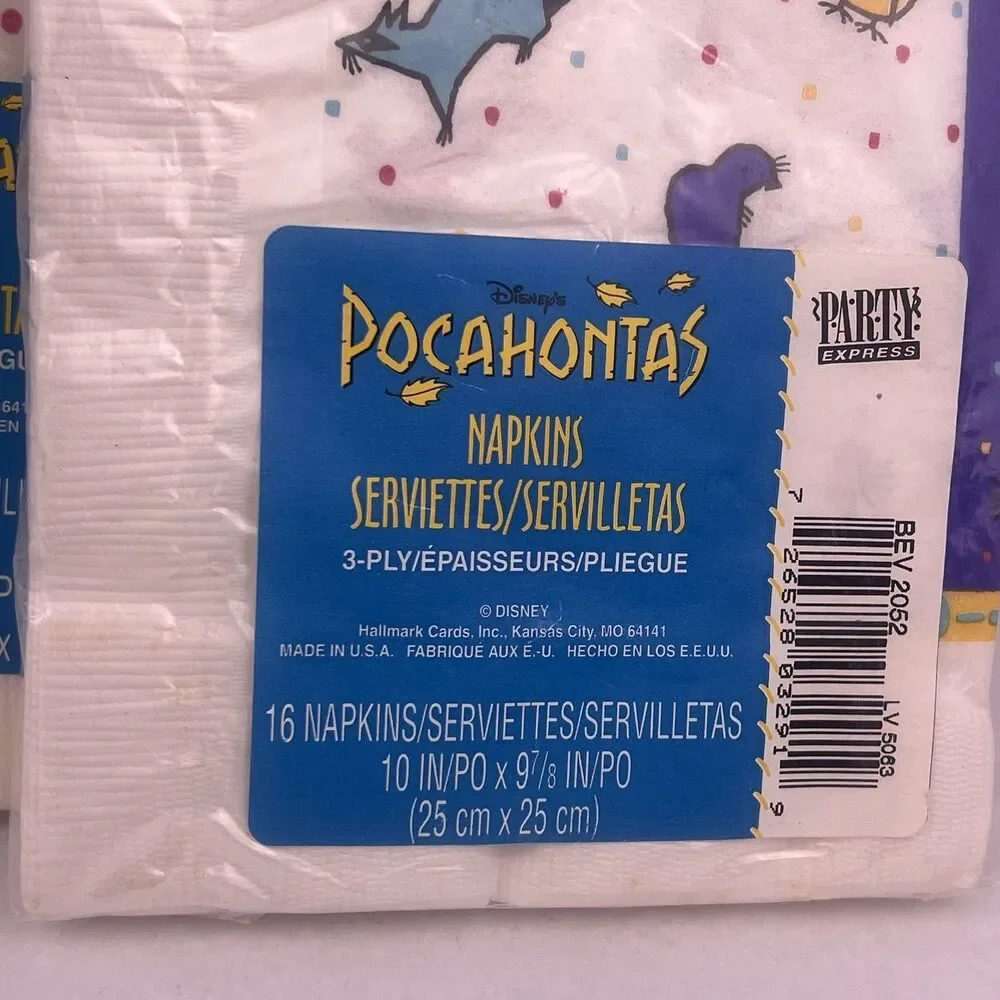 Disney 1995 VTG Pocahontas Birthday Party Supplies Lot of 4 Napkins/Cups